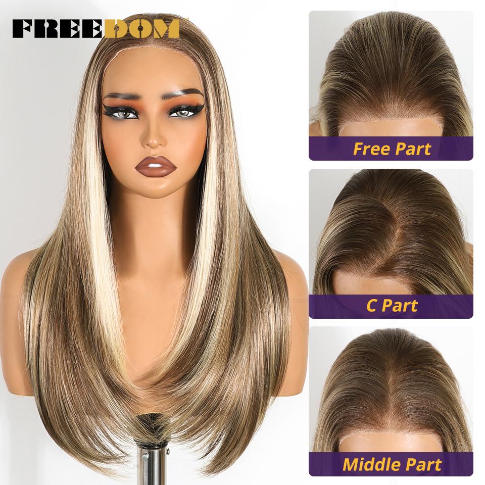 FREEDOM Synthetic Lace Front Wigs For Women 9x6 Pre Plucked Straight Layerd Wig 24" Ombre Blonde Pre Cut Wear And Go Lace Wigs