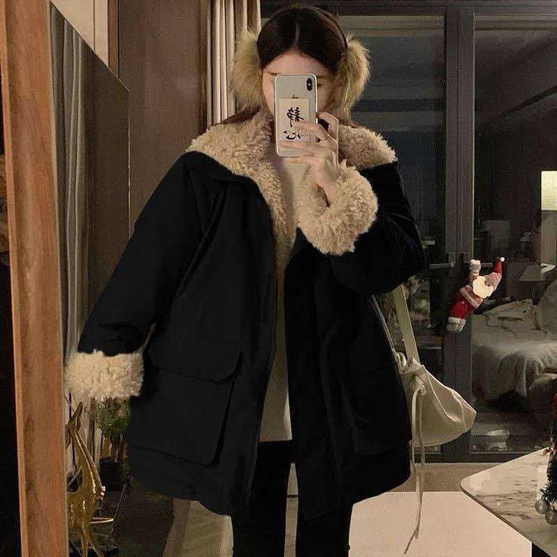 Womens Warm Mid-Length Cotton Puffer Coat With Fleece Lining Solid Color Casual Winter Jacket Daily Wear