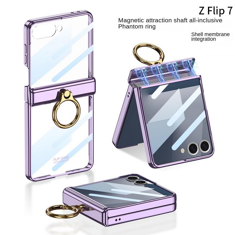 Ultra-thin transparent plated frame with Ring clasp glass protective film case for Samsung Galaxy Z Flip 7 flip7 Protect Cover