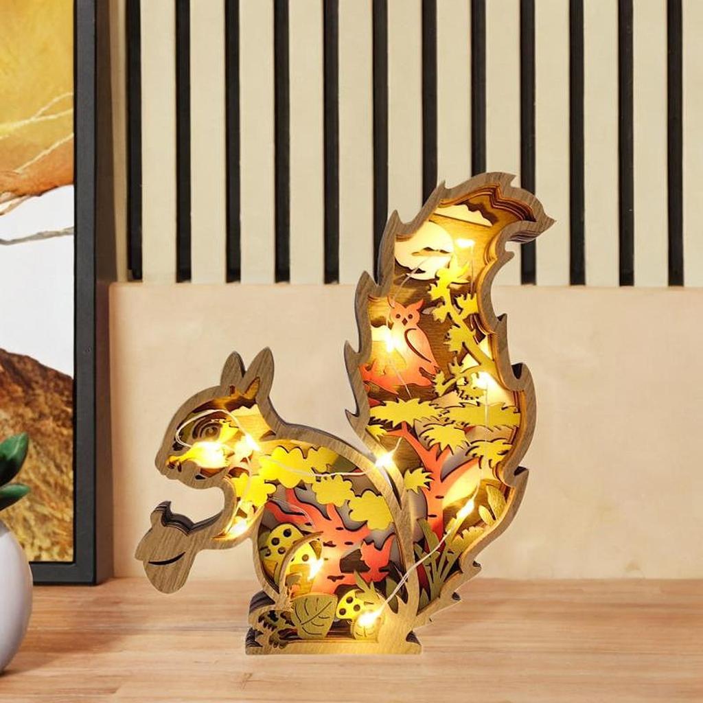 3D Wood Carving Squirrel Lamp Sturdy Creative Cute Delicate Hollow Squirrel Decoration for Gift Bookshelf Office Friend Birthday