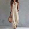 2026 Amazon Independent Site Bestseller Women's Casual Stand Collar Single-Breasted Sleeveless Textured Cotton-Linen Long Jumpsuit