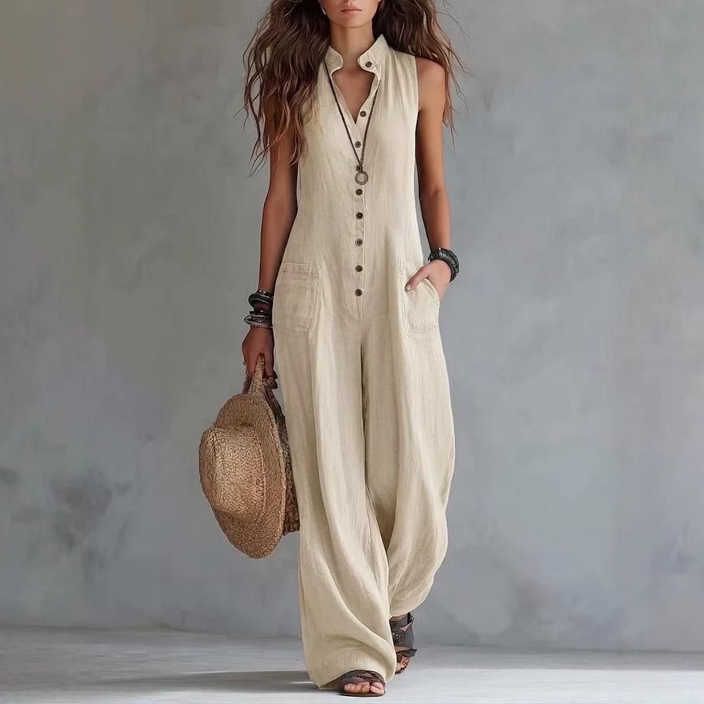2026 Amazon Independent Site Bestseller Women's Casual Stand Collar Single-Breasted Sleeveless Textured Cotton-Linen Long Jumpsuit