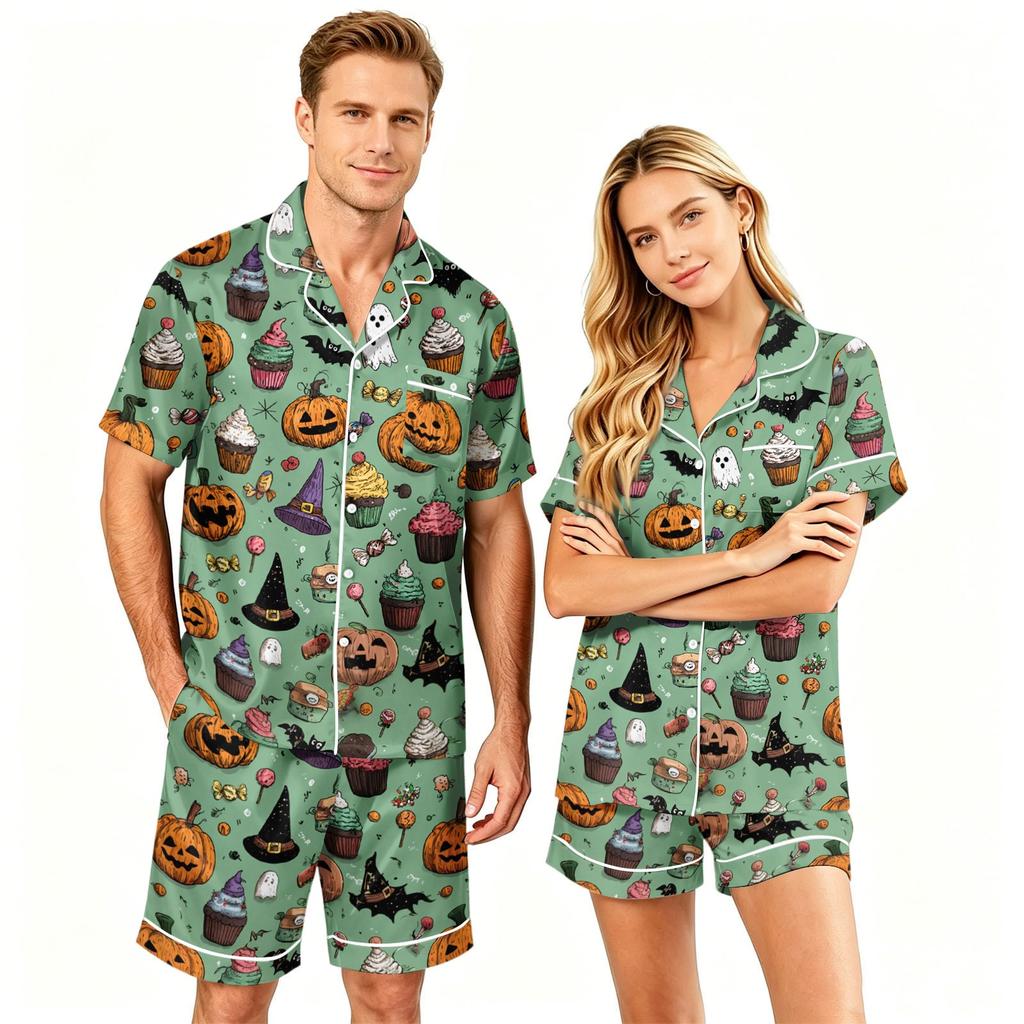 Couple Halloween Pajama Set Short Sleeve Button Down Shirt with Shorts Casual Soft Sleepwear S-XXXXL Matching Loungewear Set