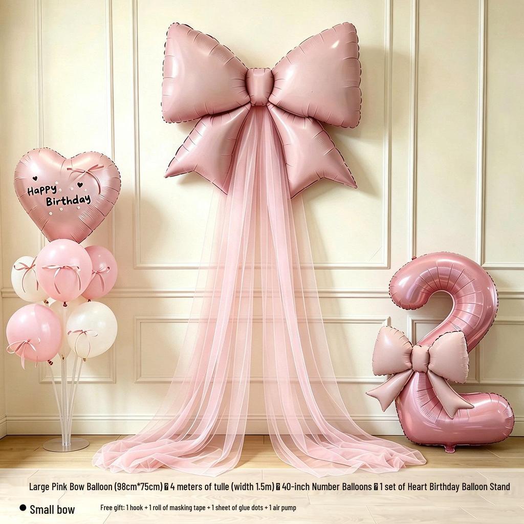 Girls' 5th & 6th Birthday Decor Set with Bow, Net Yarn, and Balloons for a Festive Photo Atmosphere