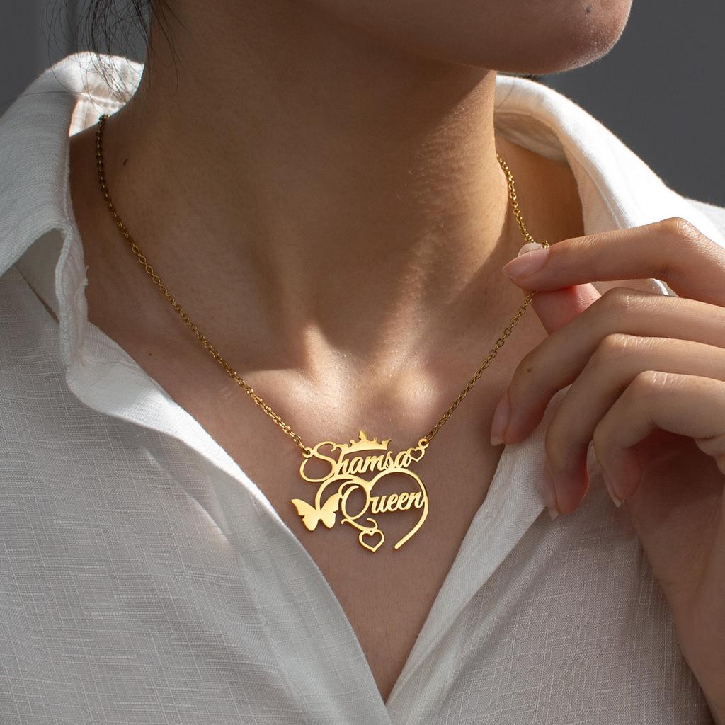 Atoztide Personalized Custom Name Necklace for Women Stainless Steel Heart Crown Pendant Chain Birthday Jewelry Mother Gift