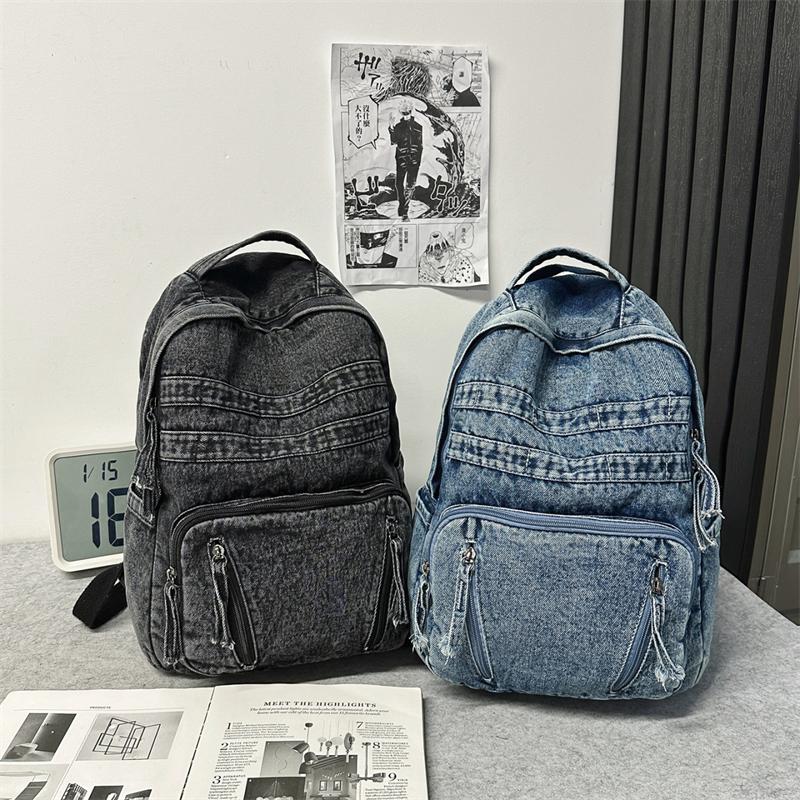 Denim Backpack Large Capacity Student Schoolbag Travel Commuter Backpack