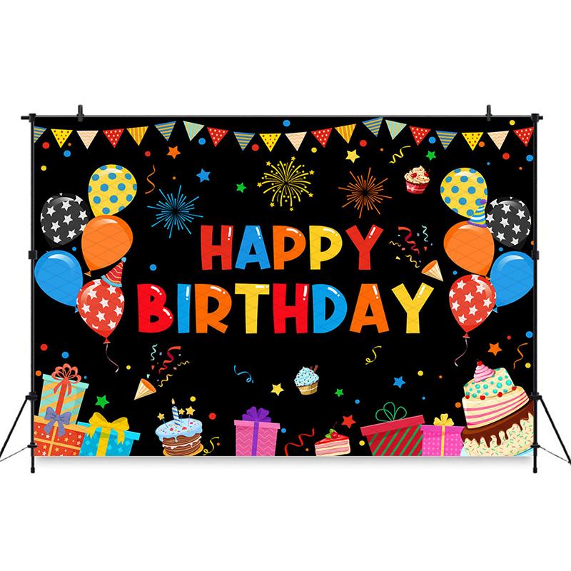 Mocsicka Colorful Happy Birthday Backdrop Black Tapestry Balloon Gift Cake Photography Background Party Decor Photo Booth Banner