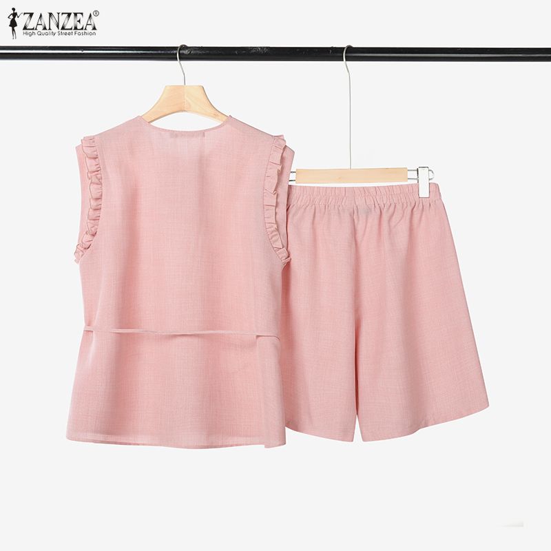 ZANZEA Women Sleeveless Tank Tops and Shorts Summer Two Piece Suit Sets