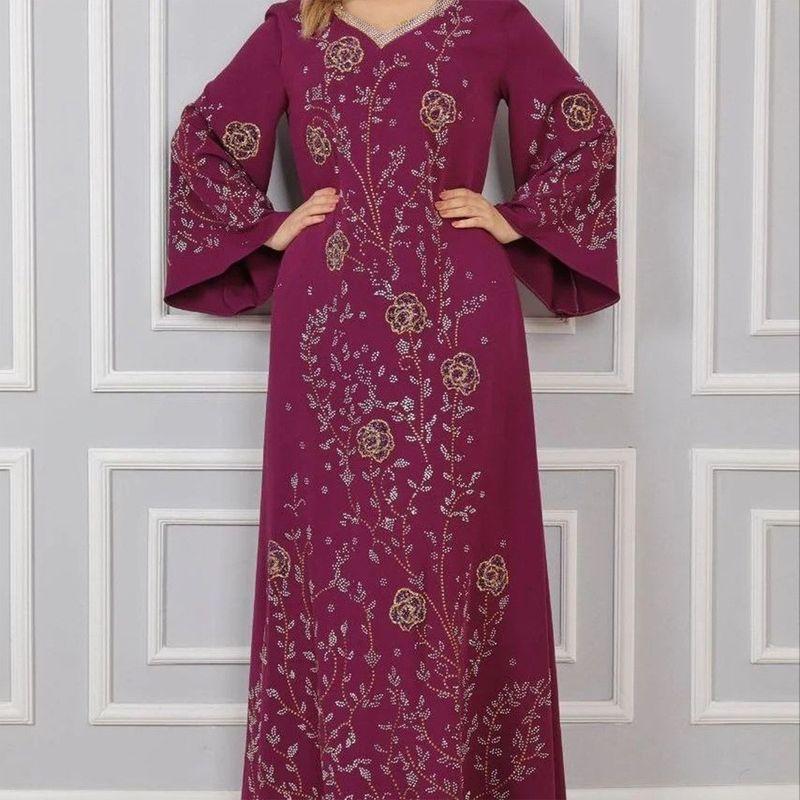 

Трансграничное платье для женщин Ближнего Востока, халат, платье с горячей приклейкой в виде цветов, элегантное свободное платье с рукавами-клеш, платья Red M