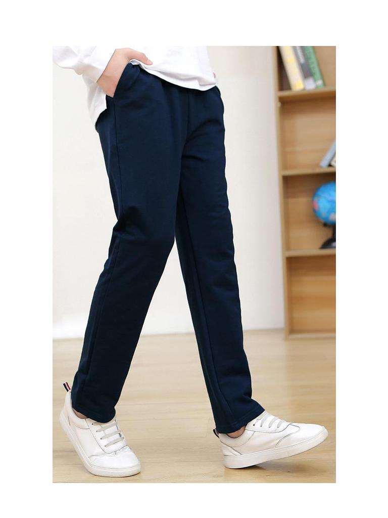 Calças Esportivas Retas com Forro de Fleece Azul Escuro para Meninas do Ensino Fundamental - Uniforme Escolar Primavera/Outono