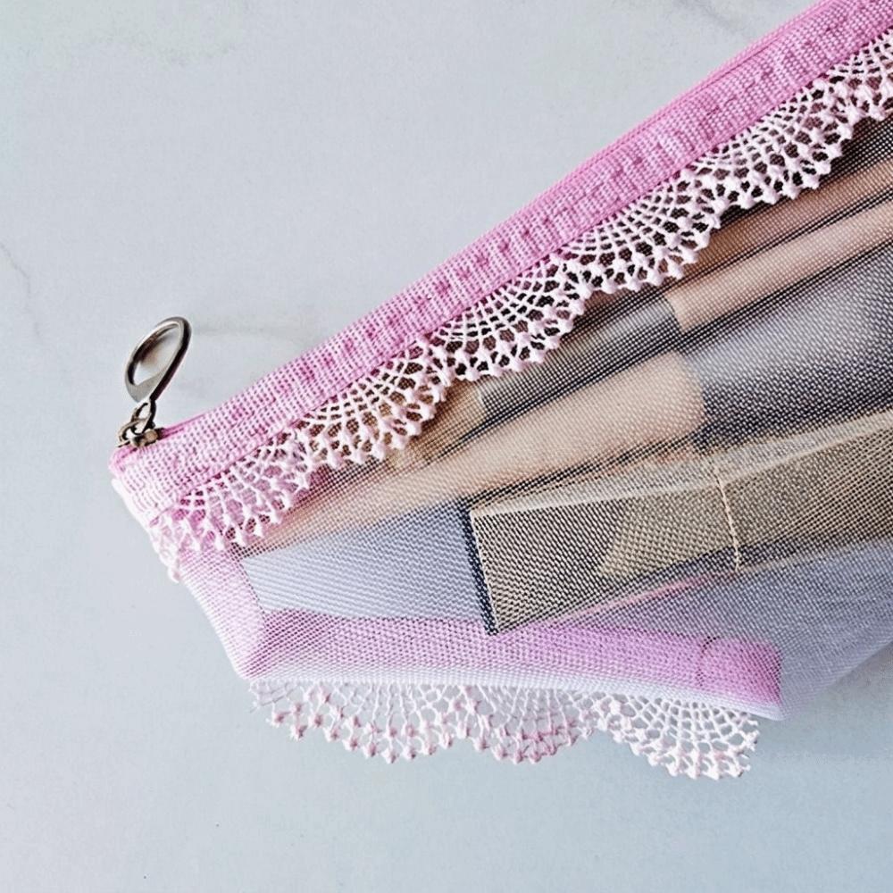 Korean Style Mesh Toiletry Bag Lace Trim Makeup Storage Pouch Jewelry Organizer  for Travel