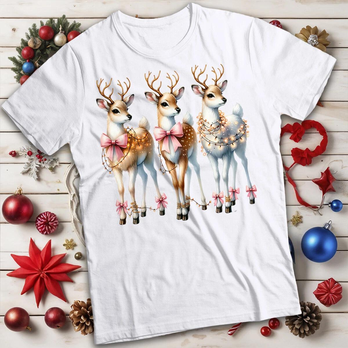 Womens Cute Reindeer With Lights and Bow Christmas T-Shirt Tee #MC 3XL