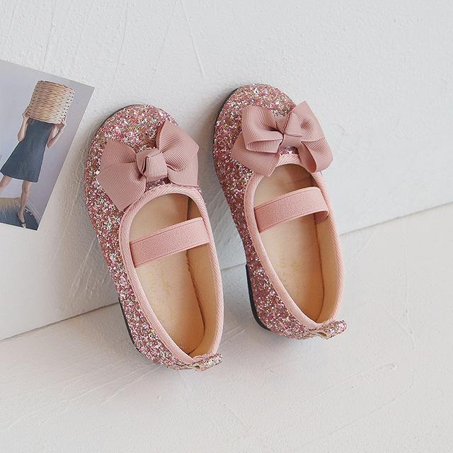 Toddlers Girls Shoes Glitter Leather Flats For Little Kids Children's Dress Shoes Bow-knot Princess Sweet Loafers Soft For Dance