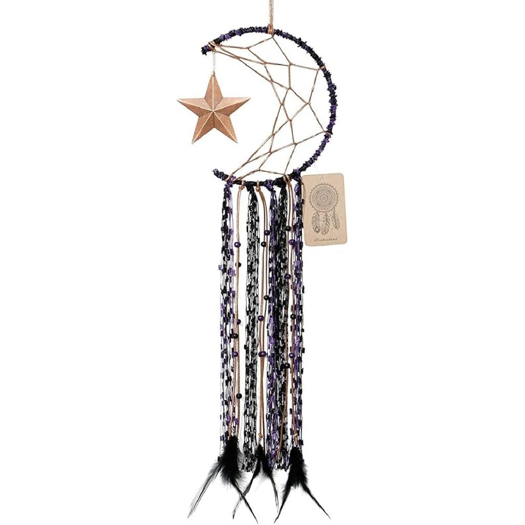 Dremisland Blue Dream Catcher Handmade Half Circle Moon Design Dream Catcher Feather Hanging with Star Home Decoration Ornament Festival Gift (Moon&