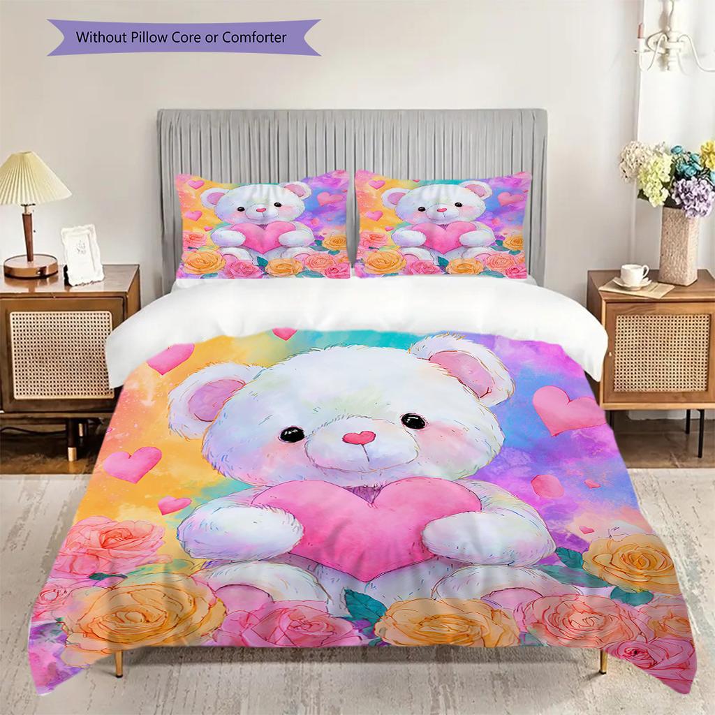 Bear Doll Pattern Bedding Quilt Set Quilt Cover Pillowcase Home Decoration Birthday Gift (1 * duvet cover + 2 * pillowcase, without core)