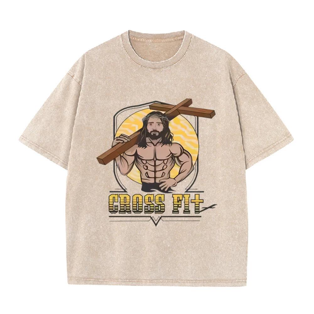 Asian Size Vintage Washed T Shirt Muscular Jesus Cross Fit Graphic Oversized Gym Christian Streetwear Short Sleeve Tee