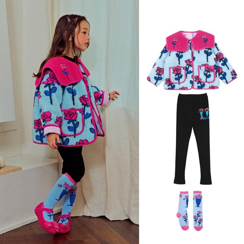 In Stock! BE23 Girls' Lamb Wool Reversible Set - Cozy Rose Flower Jacket for Autumn and Winter