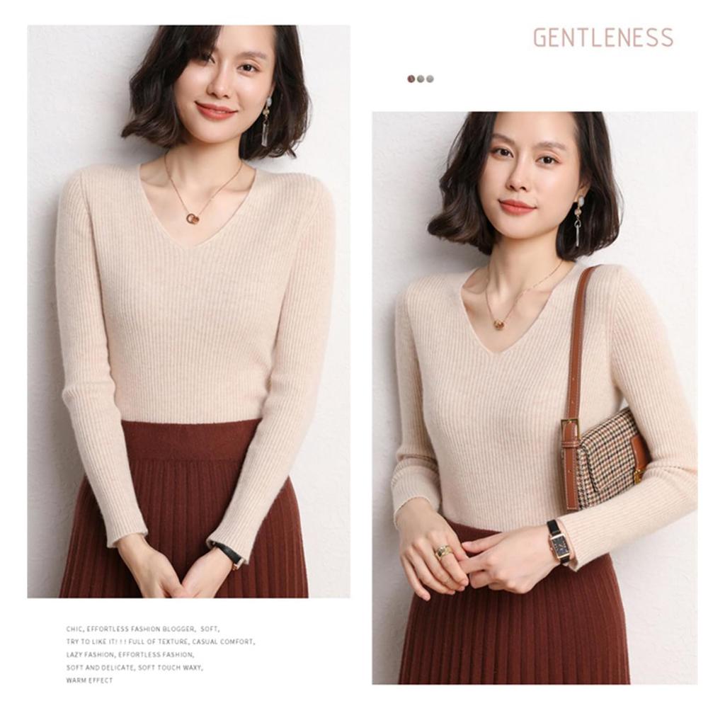 Jinghuiyue Ribbed Knit Long Solid Simple Knit Perfect for Casual Size Women's Sweater, V-Neck, Sleeve, Color, Soft, Stylish, Top, Commuting,