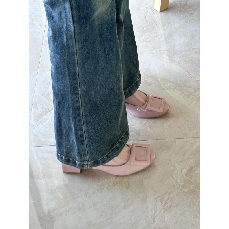 Sheepskin version~ French naked pink single shoes square buckle round head gentle style high heels versatile light mouth commuting thick heels