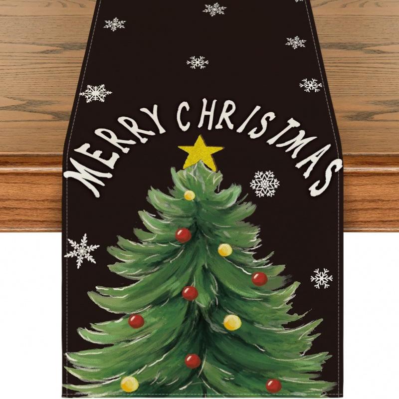 Festive Snowman Christmas Tree Table Runner Home Kitchen Dining Tablecloth for Party Decoration