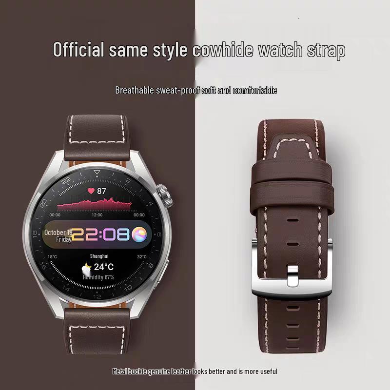 Compatible 22MM Dark Tea Calfskin Strap for Huawei Watch 3 Pro, GT2 46MM Dial.