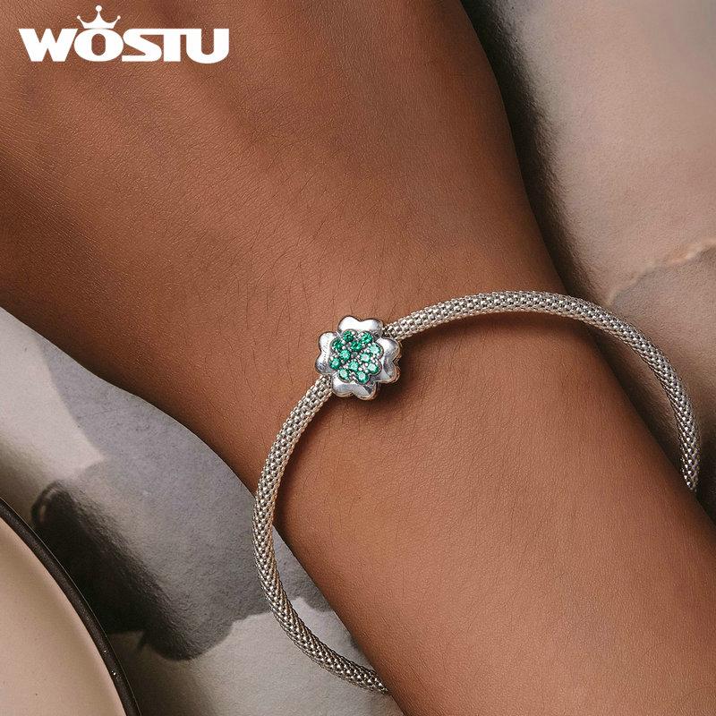 WOSTU 925 Sterling Silver Roses & Moon Dragonfly Charm Four-leaf Clover Beads for Women Girls Bracelet & Bangle DIY Jewelry