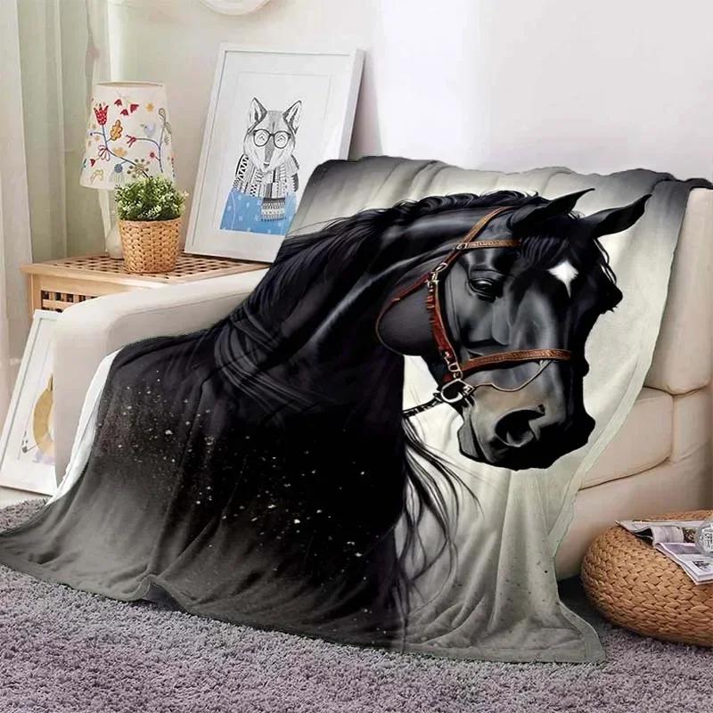 3D Cartoon Horse Print Flannel Throw Blanket – Soft Warm Picnic Blanket, Retro Home & Travel Birthday Gift, Cozy Comfort
