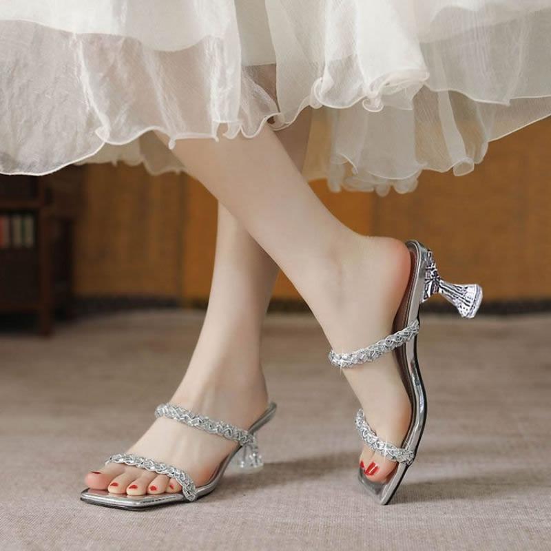 

Luxury Women Slippers Square Toe High Heels Sandals Dress Party Shoes Elegant 2026 New Summer Heeled Shoes Woman Pumps 35 серебряный
