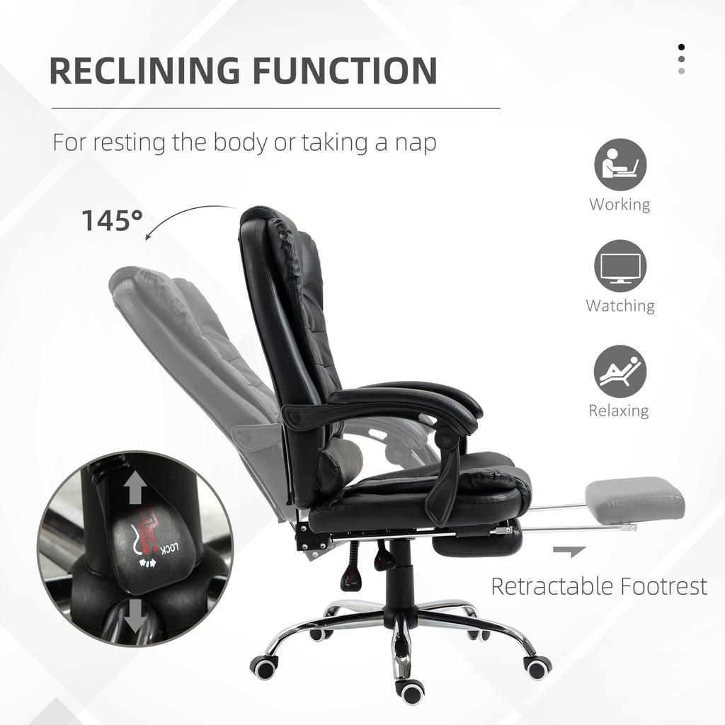 Executive Office Chair, PU Leather Home Office Chair with Swivel Wheels, Reclining Backrest, Retractable Footrest, Black