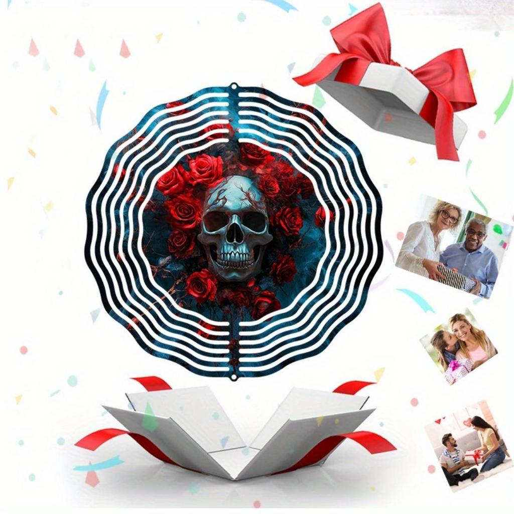 Kaijit - 1pc Mandala Inspired 2D Rose Skull Pattern Wind Spinning Wind Chime, Garden & Patio Decoration - Metal Hanging Ornament, No Battery Required