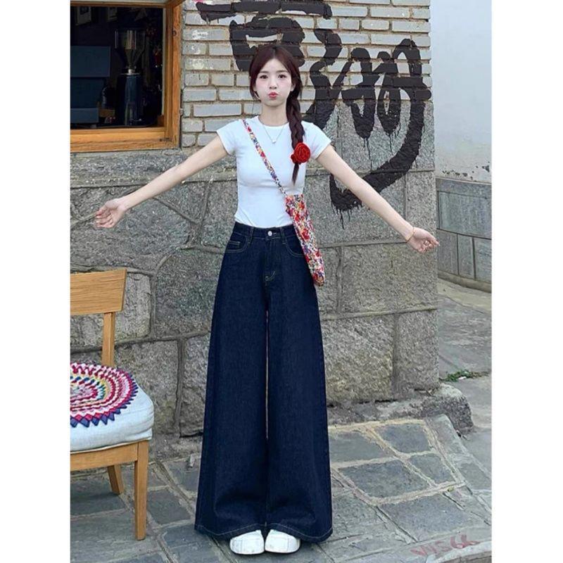 Retro American High-Waisted Dark Blue Wide-Leg Jeans M