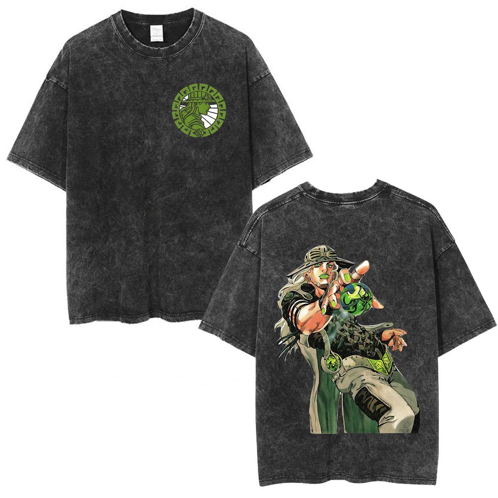 Anime JoJo Bizarre Adventure STEEL BALL RUN Gyro Zeppeli Vintage Lavaggio Acido Maglietta Uomo Cotone Casual Maniche Corte Maglietta