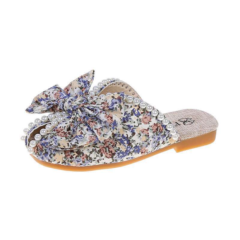 Girls Pearl Bow Fish Mouth Slippers New Summer Soft-soled Girls Princess Shoes Student Korean Version Flat Slippers