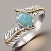 New European and American Luxury Inlaid Turquoise Feather Ring, Color Separation Party Engagement Ring Jewelry