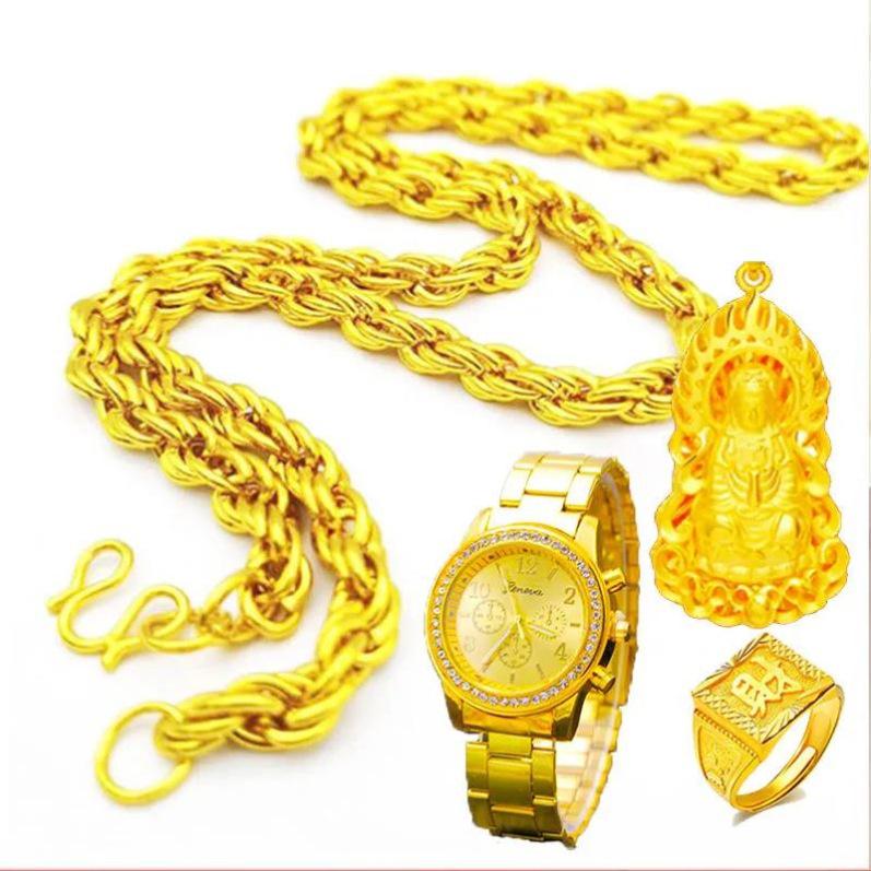 Unique Vietnam-Inspired Gold Necklace & Non-Fading Gold Watch Set for Men