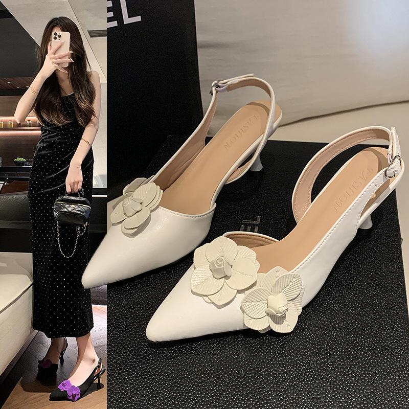 Romantic Pointed Head Bag Head Back Empty French Skirt Shallow Mouth Temperament Women's Flower Thin Heel Single Shoes High Heel Sandals Summer