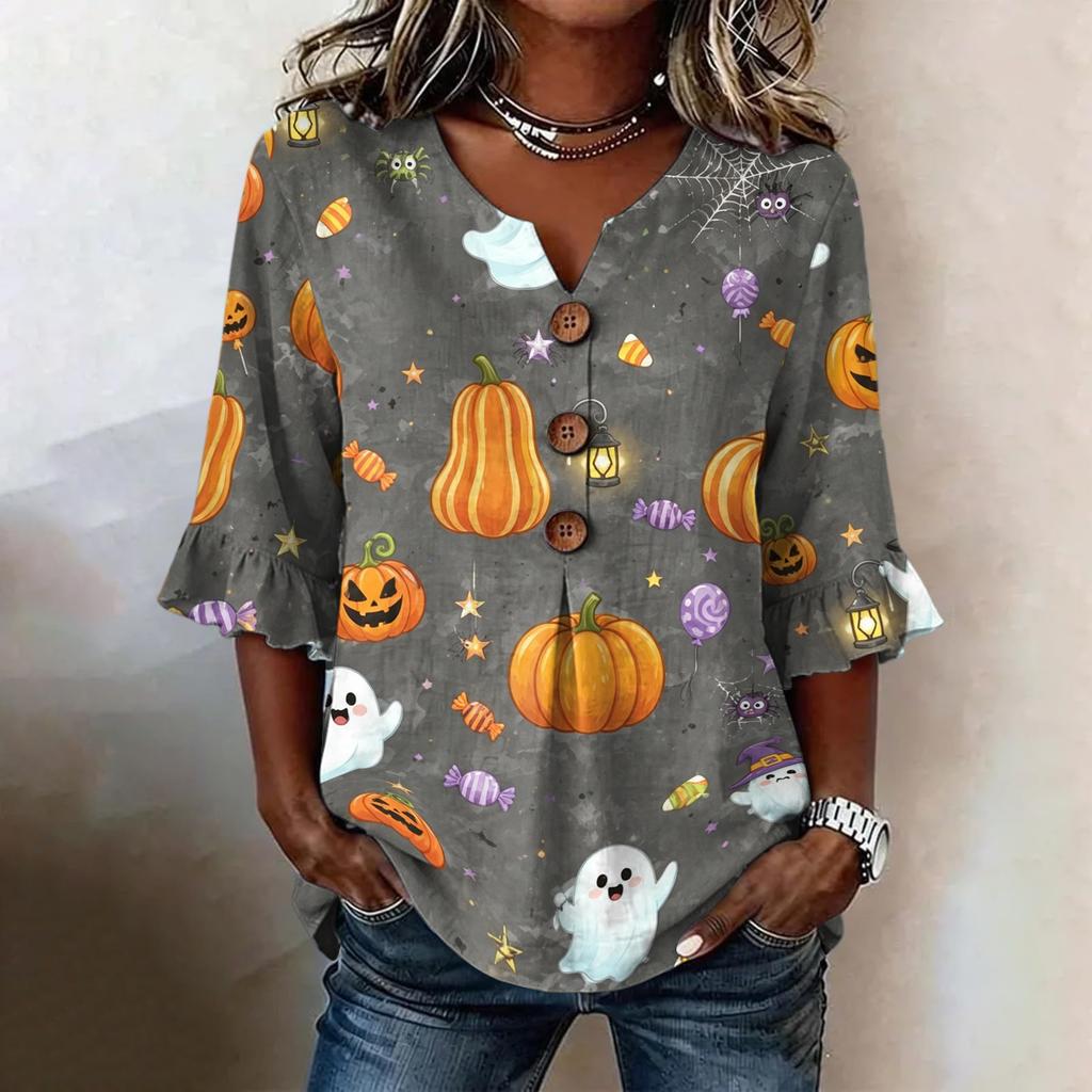 Women's Casual V-Neck Ruffle Sleeve Loose Fit Blouse with Halloween All-Over Print