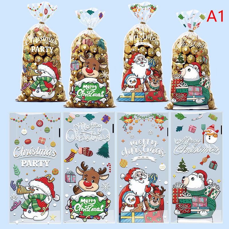 

50 шт. Рождественские подарочные упаковочные пакеты с проволочными завязками, с узорами Санта-Клауса, оленя или снеговика, пряничного человечка, упаковка для рождественских подарков 19x24cm
