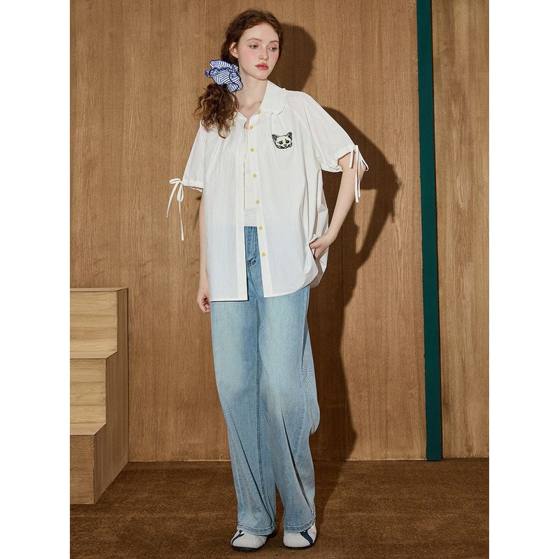 Coolhut Japanese Style Doll Collar Loose Puff Sleeve Embroidered Cuff Shirt Women's 2025 Summer Short-Sleeved Shirt