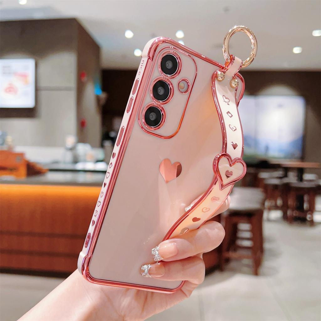 Für Samsung Galaxy S24 Hülle TPU Handyhülle Galvanisiertes Herzdesign mit Armband