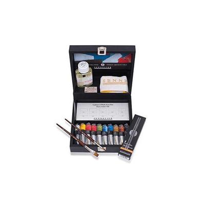 Wooden Box of 10 Tubes of Sennelier Extra Fine Oil Paint and Accessories