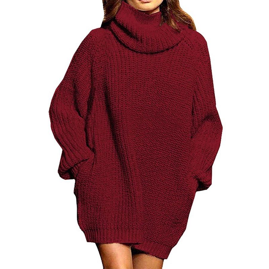 Women's Long Sleeve High Neck Knit Sweater Dress - Autumn Winter Fashion