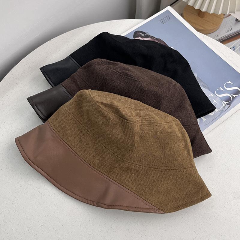 New pu leather splicing bucket hat women's autumn and winter big head circumference sunshade bucket hat wide brim basin hat