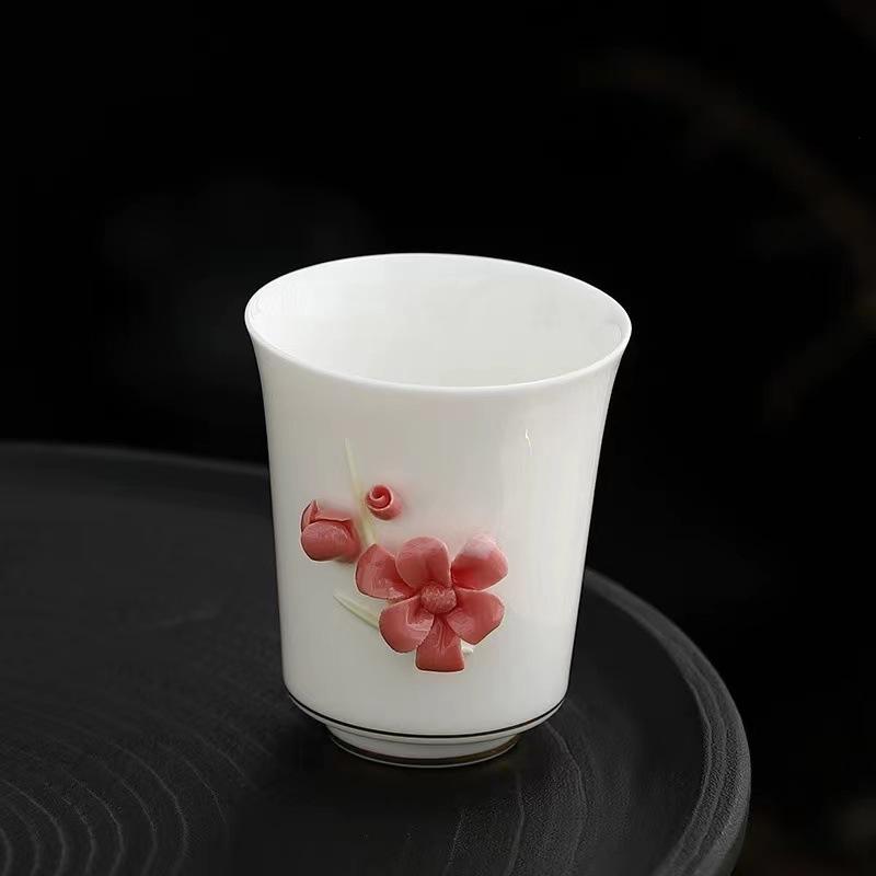 Handmade Floral Embossed Carved Relief Porcelain Tea Cup 80ml Chinese Kungfu Ceramic Cup for Ladies Holiday Gift
