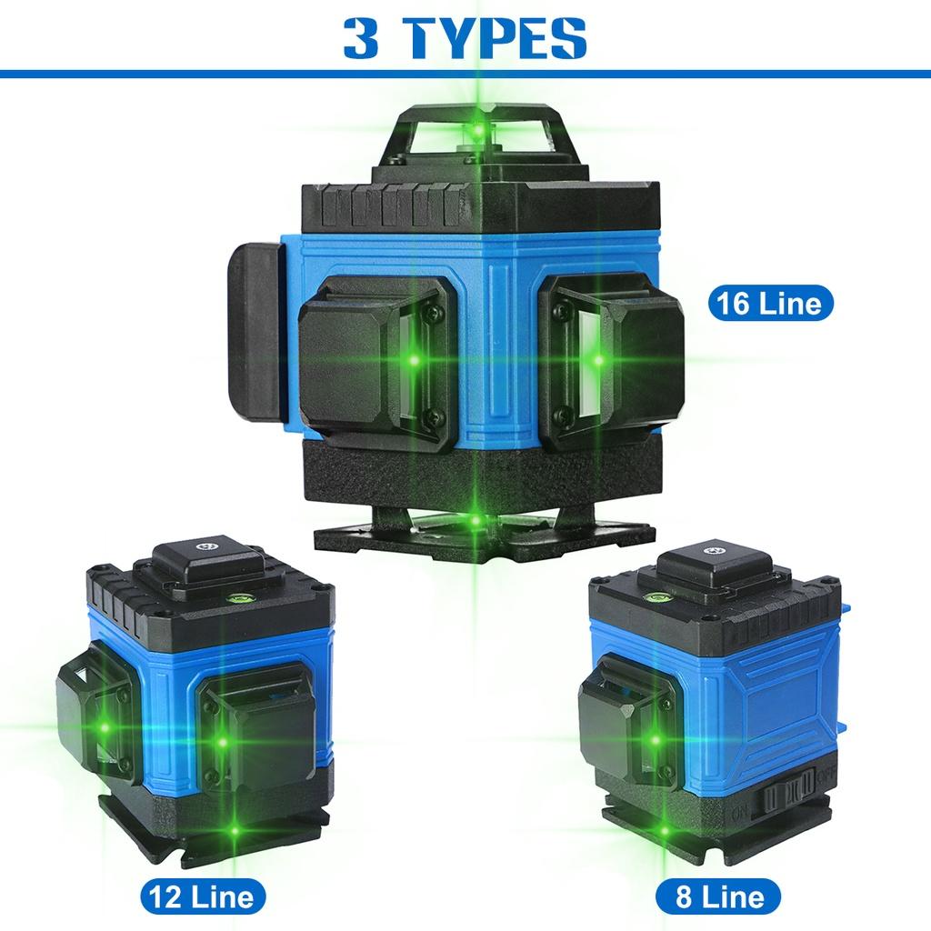 16/12/8 Line 360° 4D Horizontal Vertical Cross Spirit Level Measure Tool Kit Green Light Laser Level