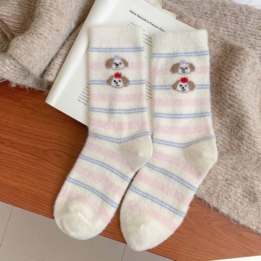 Rosa Welpen Plüsch Socken Wintersocken Plüsch Verdickt Warm Nahtlos Mittelrohr Zuhause Cartoon Schlaf Socken