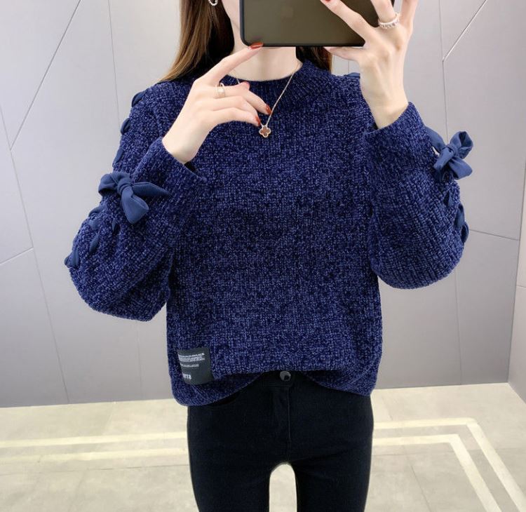 Fleece žinylkový svetr s výstřihem kravata Mašle s dlouhým rukávem pletený svetr jednobarevný volný oversized svetr