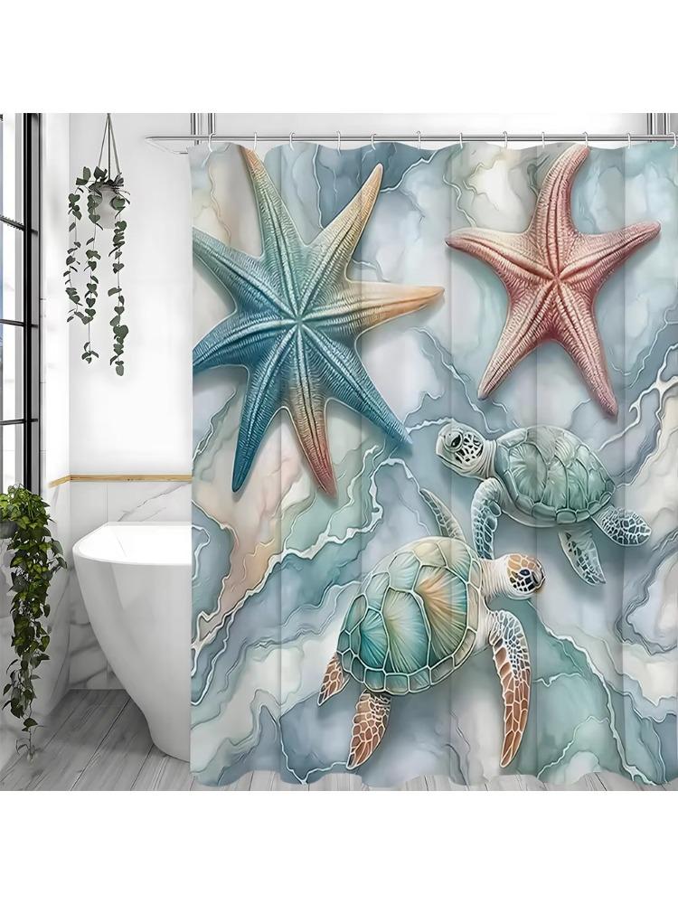 Ocean Turtle Starfish Shower Curtain, Bathroom Decorative Shower Curtain, Waterproof Shower Curtain with Hooks W90xH180cm