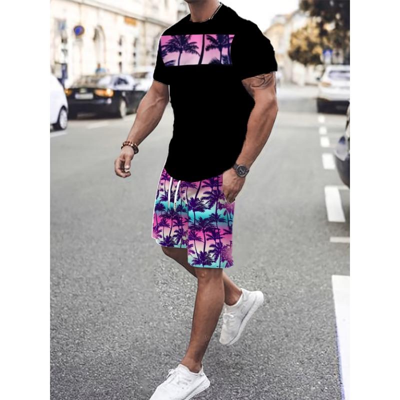 Men s 3D printed pattern short sleeve T-shirt shorts set S