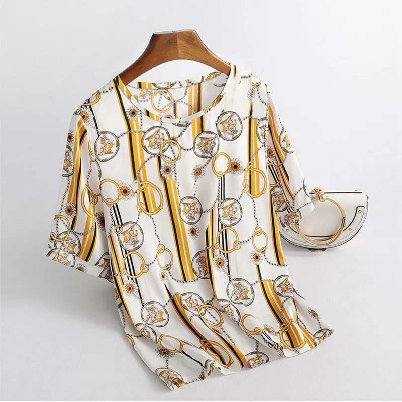 Ice Silk Short Sleeve T-Shirt Women's Printed Thin Top Pullover Bottoming Shirt Summer New Plus Size Stretch Top Lightweight and Breathable Fabric